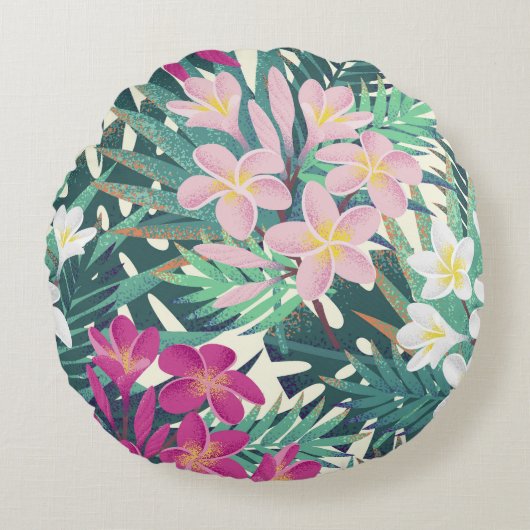 フランジパニ熱帯性：ピンク – ホワイトヴィンテージ。 ラウンドクッション (正面)