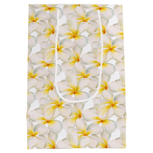 フランジパニ花の水彩繰り返しパターン ミディアムペーパーバッグ (裏面)