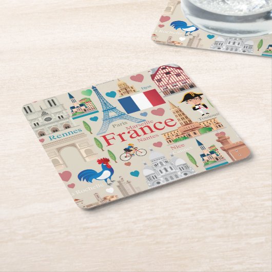 フランスかわいいアイコン スクエアペーパーコースター (アングル)