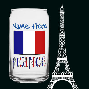 フランスとフランス国旗のブルーカラー名入れ ガラス缶