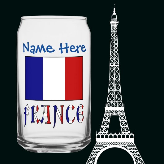 フランスとフランス国旗のブルーカラー名入れ  ガラス缶