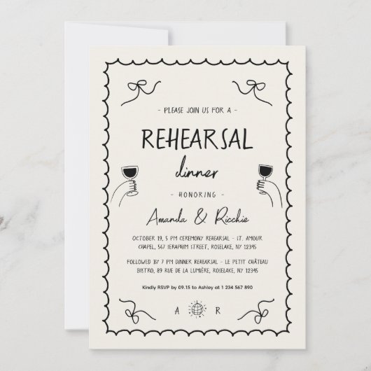 フランスのおもしろいハンドドローお洒落リハーサル 招待状 (正面)