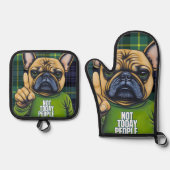 フランスのおもしろい愛犬家用スタイリッシュBulldog Plaid 鍋つかみ&鍋敷きセット (正面)