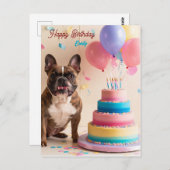 フランスのお誕生日ケーキ付きブルドッグ ポストカード (正面/裏面)