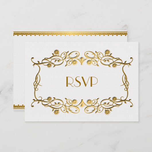 フランスのなアールデコのRSVPを結婚するアイボリーのホワイトゴールドホイル 出欠カード (正面/裏面)