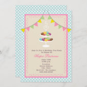 フランスのなマカロンの誕生日の招待状-青いギンガム 招待状 (正面/裏面)