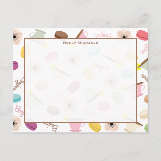 フランスのなマカロンAnemome及びティーカップ平らなNotecards ノートカード (正面)