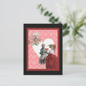 フランスのなロココ様式のカップルおよびピンクのダマスク織のバレンタイン シーズンポストカード (スタンド正面)