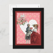 フランスのなロココ様式のカップルおよびピンクのダマスク織のバレンタイン シーズンポストカード (正面/裏面)