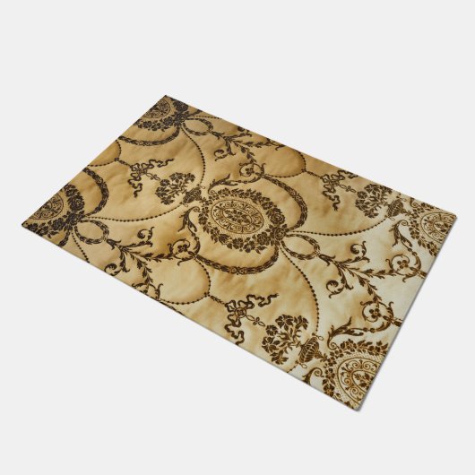 フランスのなヴィンテージのクラシックなダマスク織の花柄の羊皮紙 ドアマット (アングル)