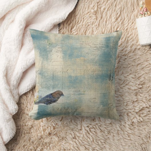 フランスのなヴィンテージの青い鳥の原稿 クッション (ブランケット)