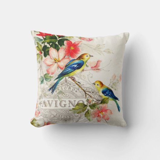 フランスのな原稿と白いロマンチックなヴィンテージの鳥 クッション (正面)