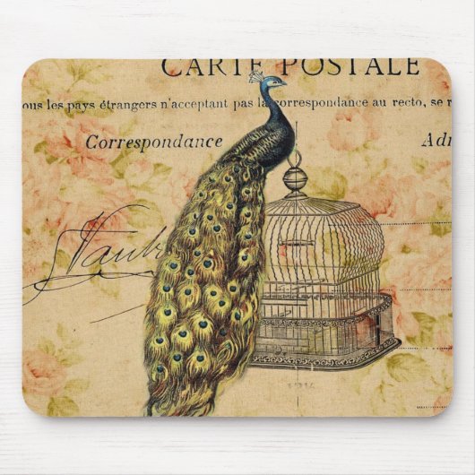 フランスのな植物のアールヌーボーのヴィンテージの孔雀 マウスパッド (正面)