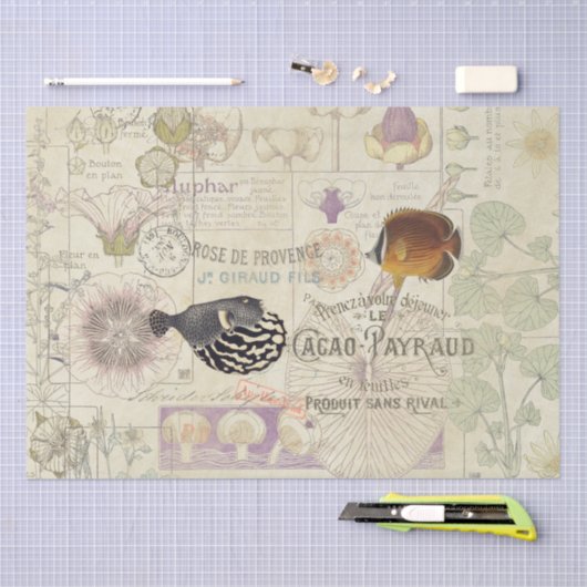 フランスのな短命なもののアールヌーボーの花の魚 薄葉紙 (クラフト)