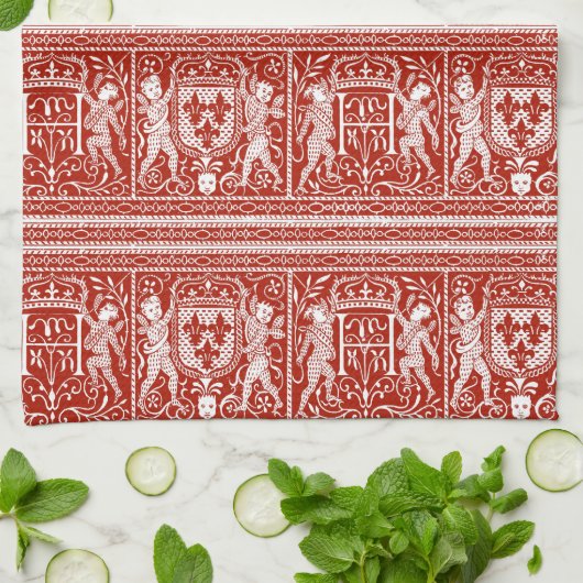フランスのな赤と白の中世パターンモノグラムH キッチンタオル (折り畳み)