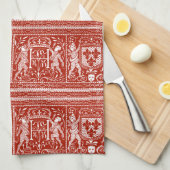 フランスのな赤と白の中世パターンモノグラムH キッチンタオル (四つ折り)