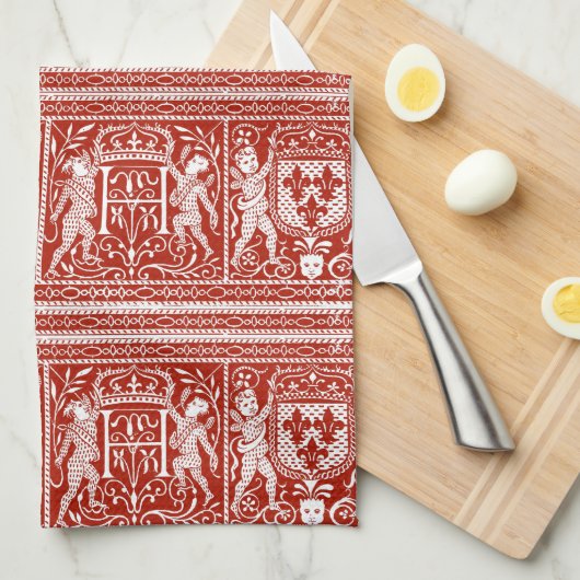 フランスのな赤と白の中世パターンモノグラムH キッチンタオル (四つ折り)