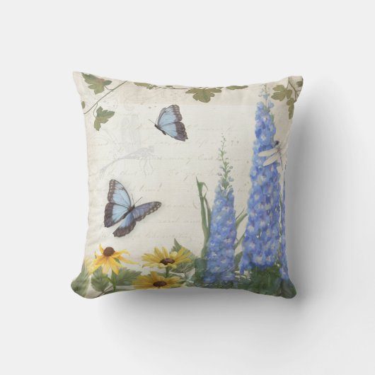 フランスのな農場のヴィンテージのヒエンソウの蝶原稿 クッション (正面)