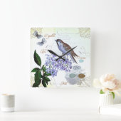 フランスのな鳥の花のコラージュのヴィンテージの一見 スクエア壁時計 (ホーム)