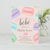 フランスのなmacaronsのグリッターのピンクのベビーシャワー 招待状 (スタンド正面)