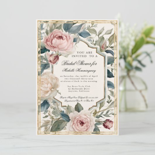 フランスのエレガントフローラピンクと金ゴールドブライダルシャワー 招待状 (スタンド正面)