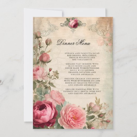 フランスのエレガントフローラブルーヴィンテージウェディングメニュー 招待状 (正面)