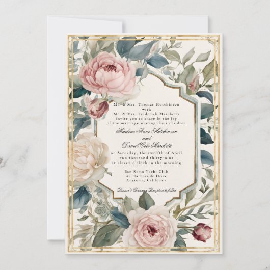 フランスのエレガントフローラヴィンテージクラシック結婚金ゴールド 招待状 (正面)