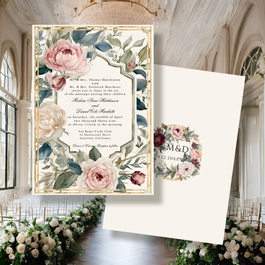 フランスのエレガントフローラヴィンテージクラシック結婚金ゴールド 招待状