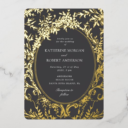 フランスのエレガントフローラ結婚 箔招待状 (正面)