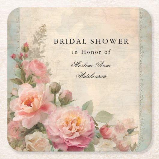フランスのエレガントブライダルシャワー茶フローラヴィンテージ スクエアペーパーコースター (正面)