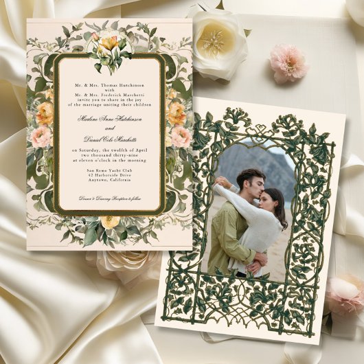 フランスのエレガントヴィンテージフローライエロー結婚セージ 招待状