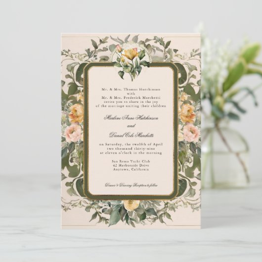 フランスのエレガントヴィンテージフローライエロー結婚セージ 招待状 (スタンド正面)