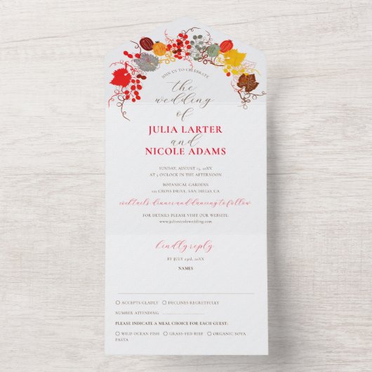 フランスのキスをしたスイートベリーグレープス フラワーズ ウェディング オールインワン招待状 (内側)