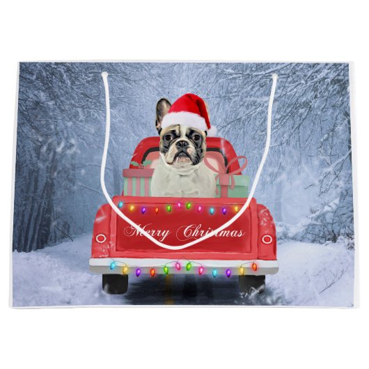 フランスのクリスマスに座って雪の中のブルドッグ ラージペーパーバッグ (正面)
