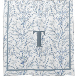 フランスのコテージブルーホワイトフローラモノグラム シャワーカーテン