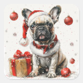 フランスのサンタのブルドッグとギフトボックス スクエアシール (正面)