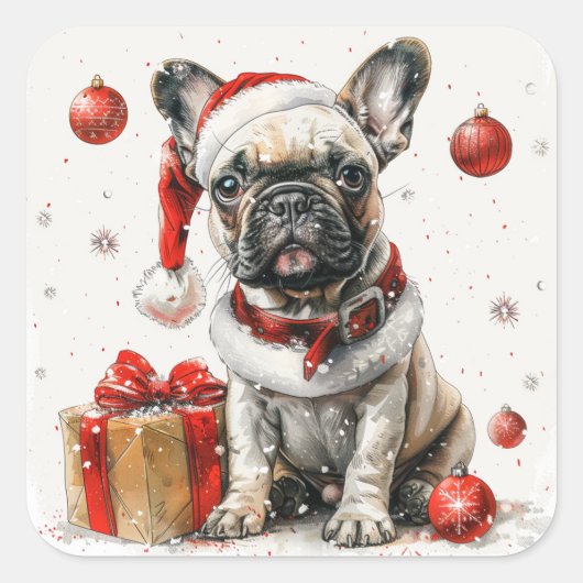 フランスのサンタのブルドッグとギフトボックス スクエアシール (正面)
