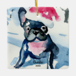 フランスのサンタ帽をかぶったブルドッグ名前をカスタムする年 セラミックオーナメント