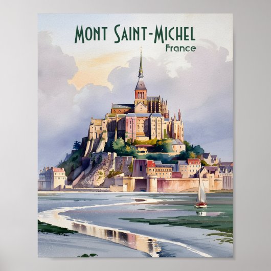 フランスのサン・ミッシェル山の水彩画のビンテージ旅行デザイン ポスター (正面)