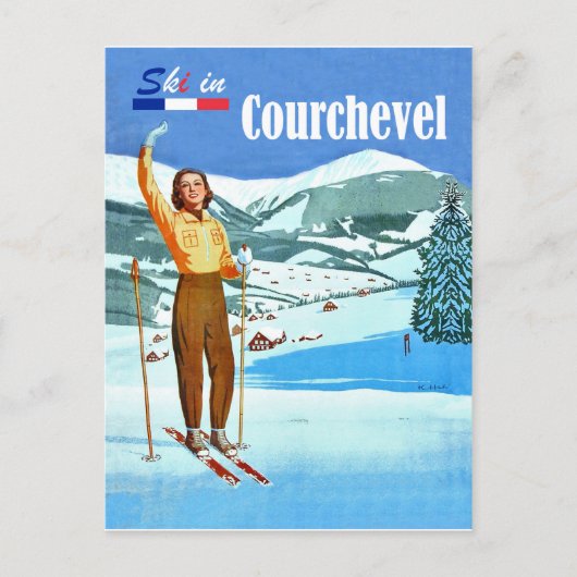 フランスのスキーで女性、Courchevelでスキー ポストカード (正面)