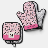 フランスのスタイルの衣装を着たエッフェルタワー柄の猫 鍋つかみ&鍋敷きセット (正面/裏面)