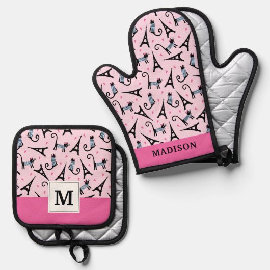 フランスのスタイルの衣装を着たエッフェルタワー柄の猫 鍋つかみ&鍋敷きセット (正面/裏面)