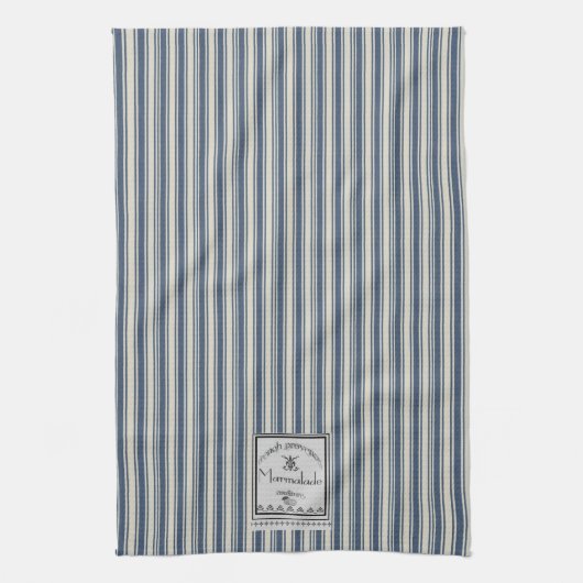 フランスのスタイルブルークリームズストライプマーマレーラベル キッチンタオル (縦)
