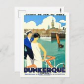 フランスのダンケルク市湾、カップルが乗ったボート、ヴィンテージ ポストカード (正面/裏面)