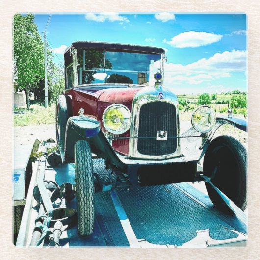 フランスのトレーラーで古いシトロエンの車 ガラスコースター (正面)