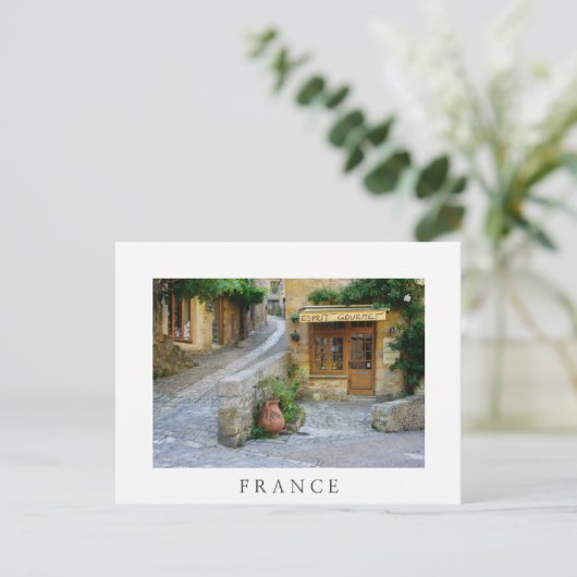 フランスのドルドニュの町並みの白いはがき ポストカード (スタンド正面)