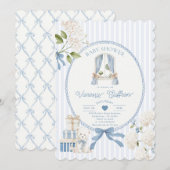 フランスのナーサリー ベビーボーイ シャワー コケッタ ストライプ ボウ 招待状 (正面/裏面)