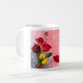 フランスのハート枕と花に座るブルドッグ コーヒーマグカップ (正面左)