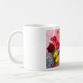 フランスのハート枕と花に座るブルドッグ コーヒーマグカップ (左)