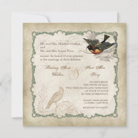 フランスのバララブバードヴィンテージレース – Apple Green 招待状 (正面)